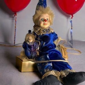 2 Vintage Marionette Porcelain Clown Dolls Hand Painted Faces Puppets on Swings